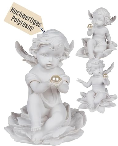 Out of the blue Sitzender Engel mit Perle auf Blume - Polyresin Engelsfigur – Dekorative Engel Deko für Weihnachten, Tisch & Fensterbank – Perfekte Geschenkidee für Deine Liebsten