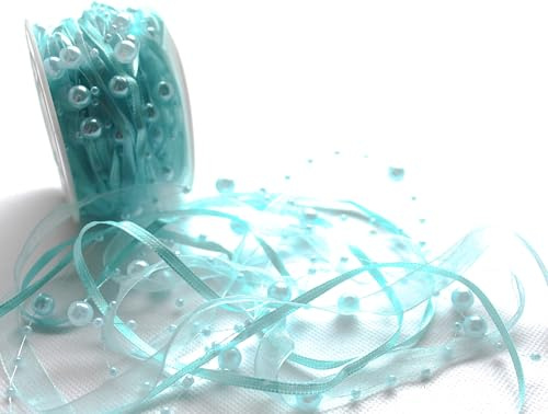 CaPiSo 10m Schleifenband 3-teilig mit Organza und 4mm Perlen Dekoband Trendyband Perlenband Perlen am Band (Hellblau)