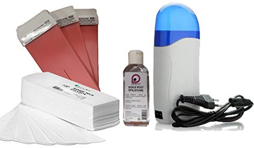 Kit für Enthaarung mit Warmwachsgerät + 3 Wachspatronen Rosa + 100 Haarentfernungsstreifen + 1 Flasche öl zur Nachbehandlung 100 ml