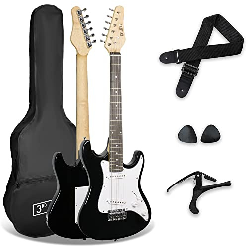 3rd Avenue XF Paquete Básico Para Principiantes De Guitarra Eléctrica Para Niños, Tamaño 3/4, Con Bolsa, Correa, Púas Y Cejilla, Color Negro