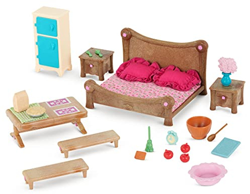 Li’l Woodzeez Set de Dormitorio Principal y Comedor con Muebles | Juego de 26 piezas de muebles en miniatura con cama, refrigerador, mesa de cocina, 2 bancos y accesorios, 3 años y +