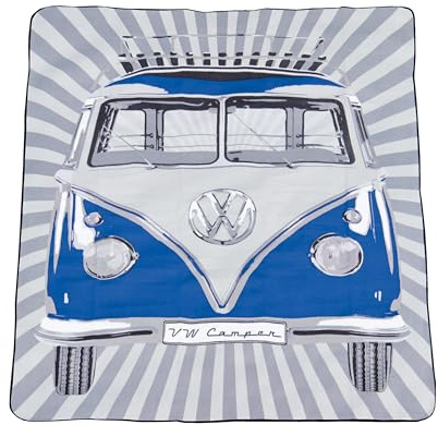 BRISA VW Collection - Volkswagen Picknickdecke 200x150 cm Wasserdicht Wärmeisoliert Garten Outdoor Stranddecke mit Tragetasche (Samba Stripes/Blau)