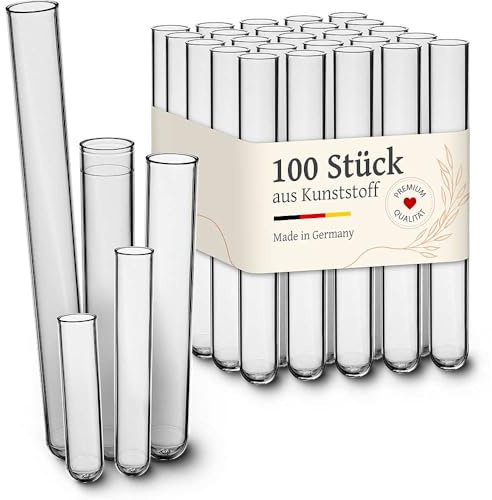 Tuuters Kunststoff Reagenzgläser, 100 Stück (105 x 17mm) Plastikröhrchen | Polystyrol, transparent, runder Boden, glatter Rand, Reagenzglas Made in Germany, Plastik Reagenzröhrchen, Laborröhrchen