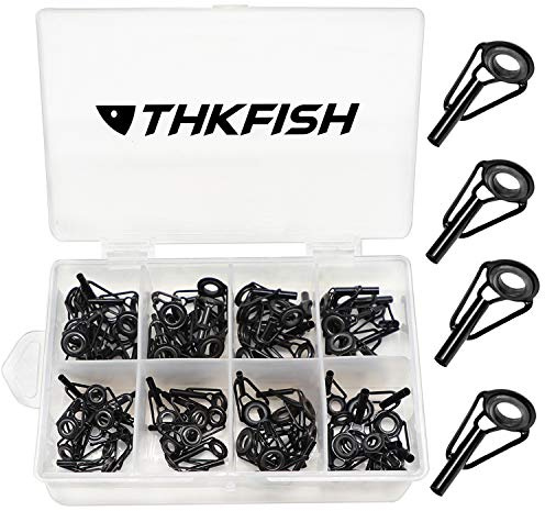 THKFISH 80 Stück Angelrute Reparatur Zubehör, Rutenspitzen Reparaturset, Edelstahl Keramik Spitzenringe Schwarz mit Kunststoffbox für Süßwasser Salzwasser Angelliebhaber