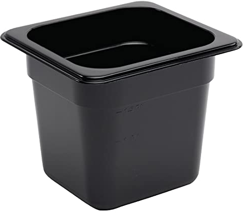 Vogue Polycarbonate 1/6 Gastronorm Container 150 mm Deep, Black, Capacity: 2.3 Litre, GN 1/6 Sixth Size, Size: 162(H) x 176(W) x 150(D)mm, -40° to 100°C, Dishwasher Safe, Lid Sold Separately, U471