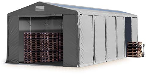 TOOLPORT Lagerzelt Industriezelt 8x12 m Zelthalle mit Oberlicht 4m Seitenhöhe PVC Plane 850 N grau wasserdicht Ganzjahreszelt mit Reißverschlusstor