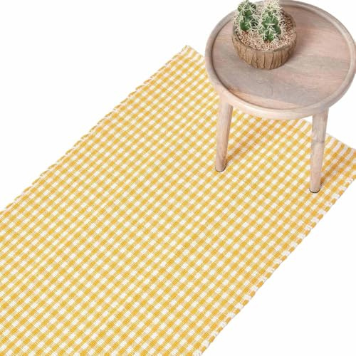 HOMESCAPES Tapis de Couloir Carreaux Vichy rectangulaire en 100% Coton - Tissé Main Motif Damier Jaune 66x200 cm - Tapis Long ou Grand Tapis Descente de lit