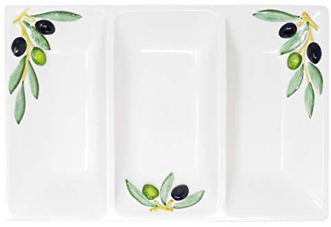 Lashuma Servierplatte rechteckig aus italienischer Keramik mit Olivendekor, dreigeteilter Servierteller 31 x 21 cm
