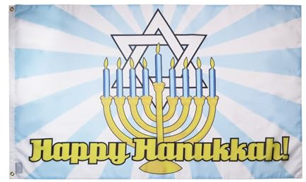 AZ FLAG Drapeau Happy Hanukkah Bleu ciel 150x90 cm Polyester 100D 2 Œillets | Usage intérieur et extérieur Drapeau décoratif juif coutures doubles et bords renforcés avec œillets métalliques