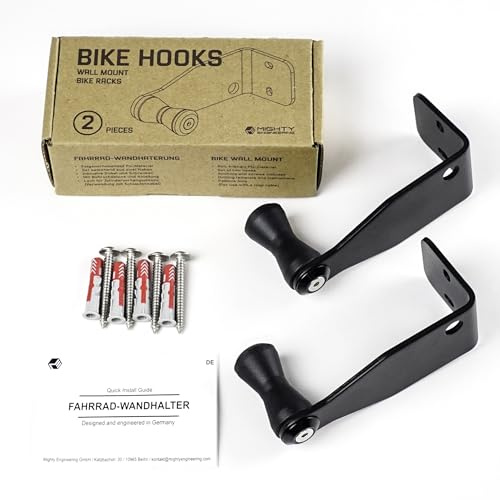 Mighty Engineering Bike Hooks – 2er-Set Wandhaken für vertikale Fahrradaufhängung, mit PU-Felgenschutz E-Bike geeignet, bis 55mm Reifenbreite, Fischer-Dübel inkl.