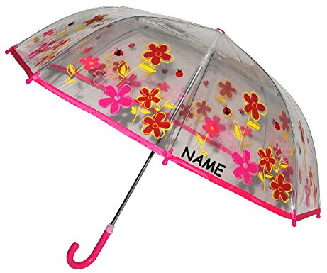 alles-meine.de GmbH Regenschirm - Blumen & Marienkäfer - Kinderschirm transparent incl. Namen - Ø 76 cm - Kinder Stockschirm - für Mädchen Jungen Schirm Kinderregenschirm/Glock..