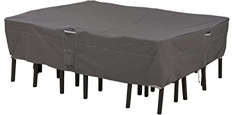 Classic Accessories 55-155-045101-EC Ravenna Rectangular/Oval Patio Table and Chair Set Cover Premium Outdoor Furniture Cover with Durable and Water Resistant Fabric, Taupe, Large