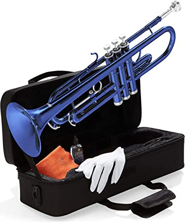 Mendini By Cecilio Bb Standard Trumpet Set for Beginners - Brass Trumpet Instrument with Hard Case, 7C Mouthpiece, Valve Oil, Cleaning Cloth, Gloves (Blue)