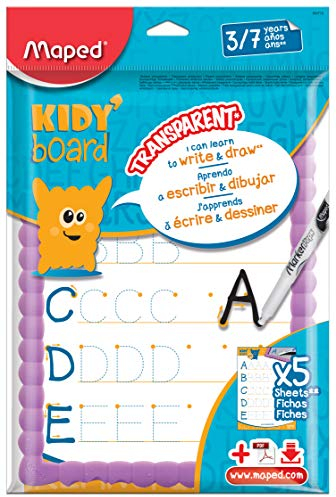 Maped - Kidy'Board transparente löschbare Schiefertafel - Unzerbrechlich flexibel - 1 Tafel + 1 Schiefermarker + 1 Tuch + 5 Lernblätter - Ab 3 Jahren ( sortiert Modelle)