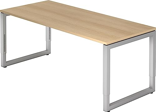 bümö höhenverstellbarer Schreibtisch R-Serie 180x80 cm in Eiche, Gestell in Silber - großer PC Tisch für's Büro manuell höhenverstellbar, Computertisch verstellbar
