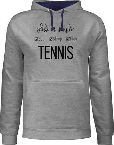 Pullover Herren Frauen Hoodie Kontrast zweifarbig - Tennisspieler Geschenk - Life is simple Tennis - L - Grau meliert/Navy Blau - für tennisfans pulli sport hoody sprüche damen geschenke spruch