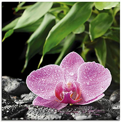 ARTland Wanddeko Glasbilder Wandbild Glas Bild einteilig Quadratisch Natur Asien Botanik Blumen Orchidee Steine Zen Entspannung Pink T5OQ