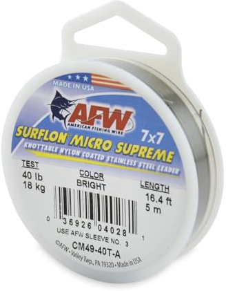 American Fishing Wire Surflon Micro Supreme, Nylon Coated 7x7 Stainless Steel Leader Wire, 40 lb Test, .024 Diameter, Bright, 5 m