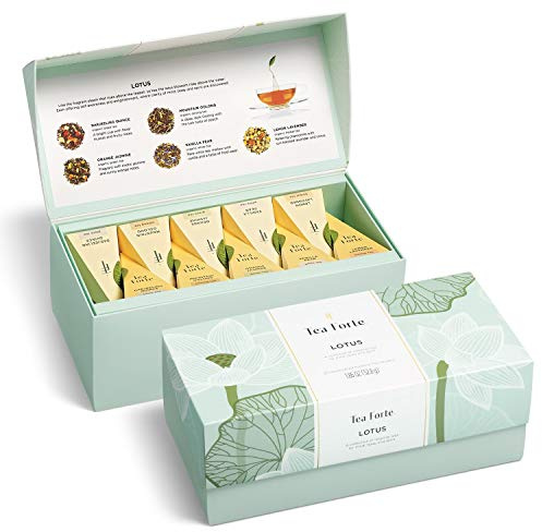 Tea Forte Premium Presentation Box Gift Set Sampler, 20 Count, Assorted Blends Individually Wrapped Handcrafted Pyramid Infuser Bags, Gifts for Mom, Lotus Tea