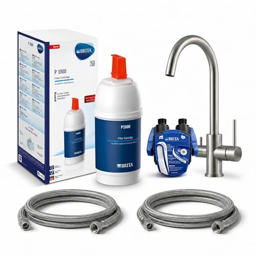 VANTO INOX 3 Wege Wasserhahn Küche Set – Edelstahl 304 Küchenarmatur Hochdruck – Untertisch Wasserfilter Trinkwasserfilter mit BRITA P1000, Filterkopf Schläuchen & Adapter | C-Auslauf