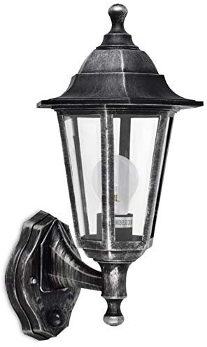 MiniSun | Traditional Brushed Silver and Black Security Wall Lantern with Integrated PIR Motion Sensor | Outdoor Wall Lights, Home Décor & Improvement Essential
