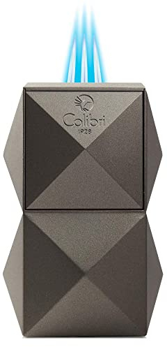 Colibri Quasar Triple Jet Flame Butane Table Lighter, Cigar Enthusiast's Choice with Blue Fuel Window, Adjustable Flame, Non-Slip Base (Gunmetal)