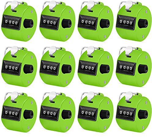 Handzähler, 4-stelliger Rundenzähler, Klicker, manueller mechanischer Handzähler mit Fingerring für Schule, Golf und Stricken, Reihenzähler, Häkeln, Grün, 12 Stück