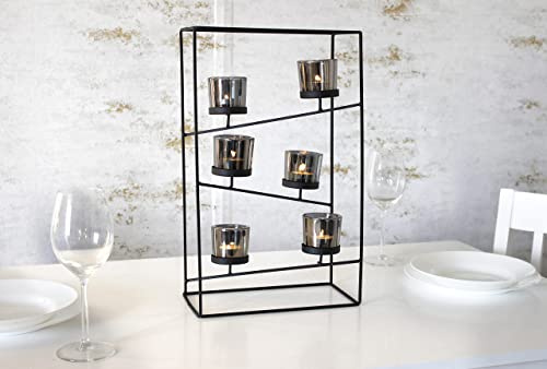 Marco Paul Interiors Candle Holder Glass Tea Light Stand Tiered Black Metal 6pc Glass Candle Holder with 6 Tealight Holders Free Standing Modern Home Décor Candle Display Stand