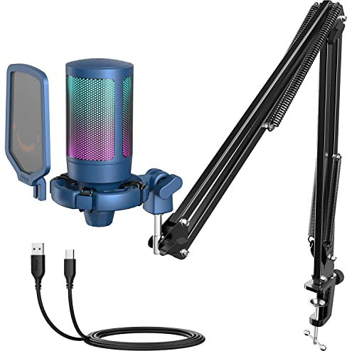 FIFINE USB Gaming Streaming Recording PC Microphone Kit, RGB Condenser Computer Mic Bundle for Podcasts, Audio, Vocal, Video on Mac/Desktop/Laptop, with Boom Arm Stand-A6T Blue