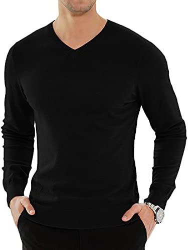 KUYIGO Uomo Collo a V Maglie Tops Inverno Maglia Leggera Manica Lunga Morbido Caldo Maglieria Pullover Maglioni per Gli Uomini L Nero