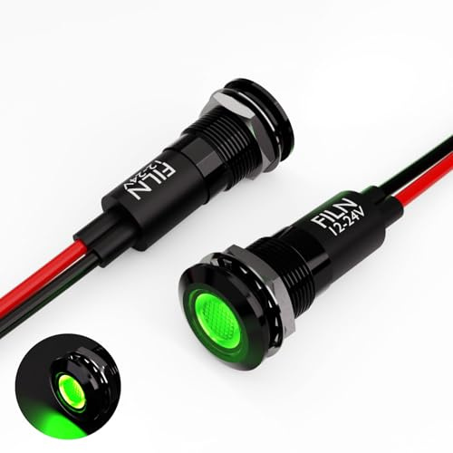 FILN 2PCS 12mm (1/2) Green LED indicator Light Waterproof Metal Signal Lamp 5V 12V 24V IP67 Pilot Dash Head for Car Industrial equipment Light (12v-black shell Green 2PCS)