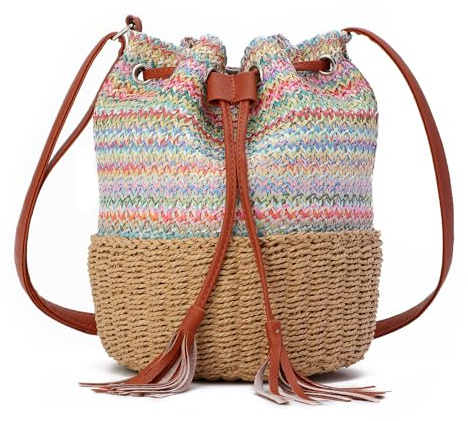 EVEOUT Damen Stroh Eimertasche Umhängetasche Sommer Kordelzug Körbchen Strand Schultertaschen Gewebte Handtasche für Urlaub