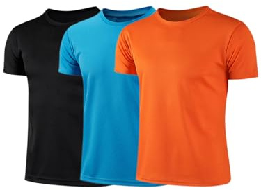 Fldy barn pojkar sport t-shirt set om 3 snabbtorkande andningsbar sportskjorta kortärmad lagsport multisport träning tröja topp, Svart och blå och orange, 152-158