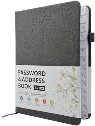 WWYSSZ Passwortbuch mit Alphabetischen Tabs, Adressbuch B6 mit Register A-Z Passwörter Notizbuch Passwort Manager, Platz für 480 Passwörter, mit Stiftschlaufe, Gummiband, Innentasche (13*19 cm, Grau)