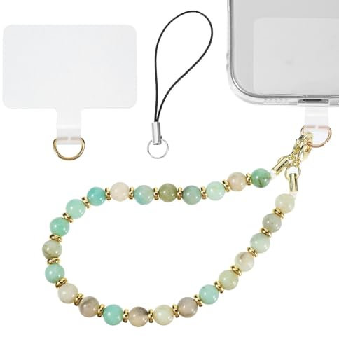 simarro Dragonne de téléphone perlée avec languette d'attache amovible pour téléphone portable, mains libres, chaîne en marbre pour femme, Vert, 28 cm