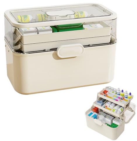 Haiansan Portable 3-Layer Foldable Medicine Organizer, Medical Storage with Removable Small Medicine Box, First Aid Box Empty with Handle, Dustproof & Moisture-Proof, Suitable for Home&Travel Use (L)