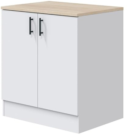 PEGANE Meuble Bas de Cuisine sous évier 2 Portes avec Plan de Travail Coloris Blanc Brillant/chêne Canadien - Hauteur 90 x Longueur 80 x Profondeur 60 cm