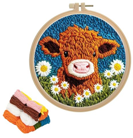 Dcsfadq Punch Needle Stickerei Set, Niedliche Kuh mit Gänseblümchen Motiv, DIY Hand Stickerei für Anfänger, Handarbeit Stickrahmen für Geschenk