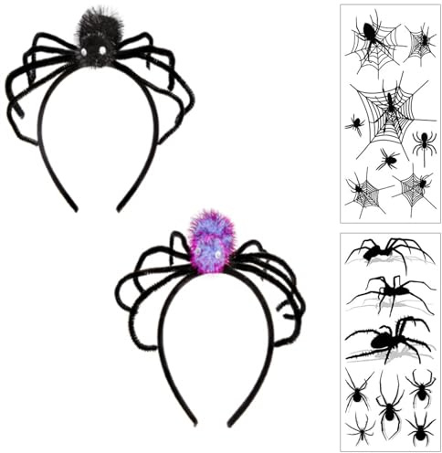 BaiDekun 2 Stück Spinnen Haarreif Karneval Halloween Stirnband, 2 Spinnen-Tattoos, Haarband Spinne mit Augen, für Halloween Kostüm Zubehör für Karneval, Party & Cosplay Maskerade