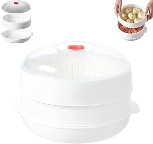 Microwave Oven Steamer, Microwave Steamer with Lid & Tray, Separate Design with Drainage Layer, Dishwasher Safe & Easy to Clean for Cooking Dumplings, Vegetable, Food Cooking (Double Layer)
