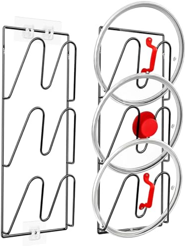 Beowanzk 2 Pack Pot Lid Holder, 3 Tier Saucepan Lid Organizer Storage Rack, No Drilling Adhesive，Space Saving Wall Mounted Kitchen Cabinet Door Shelf for Pots Pans Cutting Boards