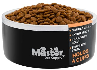 Master Pet Supply Stainless Steel Dog Bowls 32 oz Heavy Duty Black Velvet | Double Wall Extra Thick Insulated, Non-Slip Pet Water Bowl for Dogs, Cats & Pets, Anti Rust Metal, Dish Washer Safe