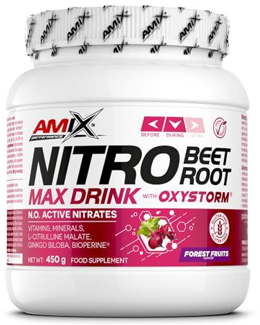 Amix NITRO Beet Root MAX Drink – 450 g – Fórmula con nitratos de remolacha y Oxystorm® – Con Cluster Dextrin®, L-citrulina malato, vitaminas y minerales – Sabor Frutas