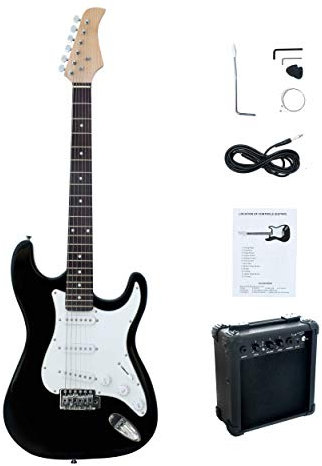 CB SKY ST Full-Size 39 Adult size Electric Guitar Black with 5W Amplifier (powered by 9V battery or adaptor - not included), Extra Strings, Cable and Guitar Pick