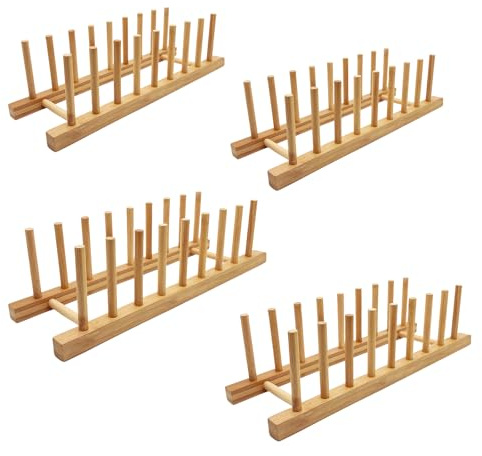 efbock Plate Rack Holder for Kitchen Cupboards Bamboo Wooden Chopping Board Tray Dish Rack Stand Drainers, Kitchen Cabinet Organizer for Plate/Cup/Pot Lid (4, 8 slots)