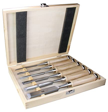 Juego de cinceles de madera de 6 piezas con mango de acero al cromo vanadio y carne; estuche de madera de alta calidad para carpintero, regalo para hombre