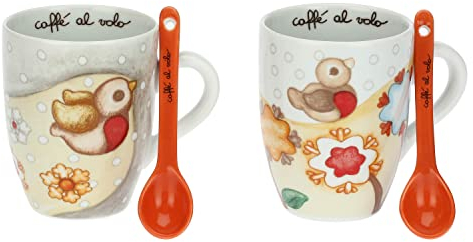 THUN - Set di Due Mug con Cucchiaino - Linea Regali d'inverno - Porcellana Decorata - Idea Regalo Natale 2022 - Poggia Bustina Ø 8 cm; Mug 300 ml Ø 8,5