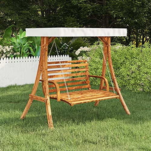 Homgoday Schaukel mit Dach Creme Massivholz Gebogen Teak-Finish Möbel für Haus Innen Außen Wohnzimmer Schlafzimmer