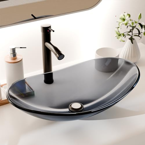YIMAI Ingenuity Vessel Sink Bathroom Sinks Tempered Glass Art Basin 20.8x13.7 Oval Bowl Above Counter with Faucet and Pop-Up Drain Combo, Oval Clear Grey,Modern Countertop Bowl Sink