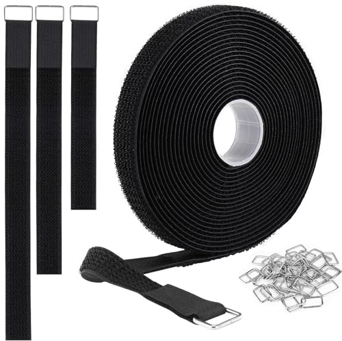 KTHZI 2cmx5m Ties Straps Reusable Adjustable with Hook and Loop 25 Buckles Metal,Cut to Length Fastening Cable Management Nylon Securing Cinch for Home Pack Wraps Organization,Black